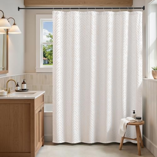 jinchan Extra Long Taupe and White Shower Curtain Inky Herringbone Chevron Zig Zag Waterproof Fabric Modern Farmhouse Shower Curtains for Bathroom wit