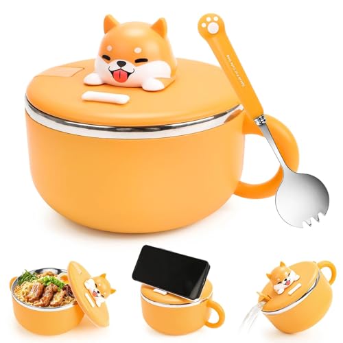 Bol à ramen avec couvercle Shiba Inu en acier inoxydable 304, isolation thermique, avec cuillère, portable