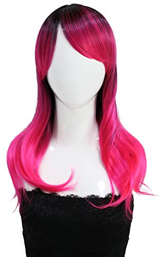 Long Curly Cosplay Wigs with Bangs Heat Resistant Wave Ombre Synthetic Handmade Full Wig For Women Daily Use and Anime Costume Party (28"Black Mix Pink)
