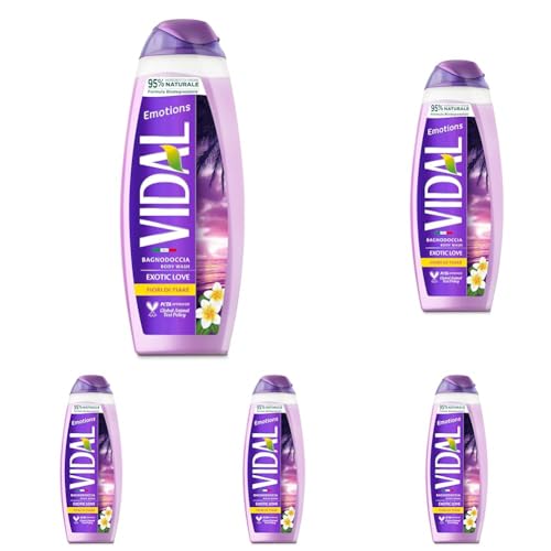 Vidal - Bagnoschiuma Emotions, Formula Rivitalizzante, Exotic Love, Fragranza ai Fiori di Tiaré, Dermatologicamente Testato, 500ml (Confezione da 5)