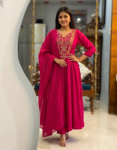 Image of ANNI Designer Women Viscose Embroidered Anarkali Kurta with Palazzo and Dupatta | Ladies Kurta Palazzo Dupatta Set | Ethnic Wear Indian Traditional Clothing for Women