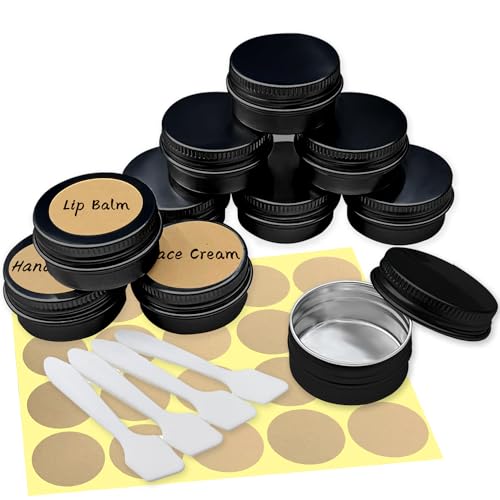 10 recipientes vacíos de aluminio, tarros de crema de viaje, recipientes de 18 ml, botes con 20 pegatinas de papel kraft, pequeñas latas vacías para bálsamo labial, mini velas, cosméticos (negro)