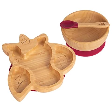 Tiny Dining Red Children's Bamboo Unicorn Plate, Bowl & Spoon Set with Silicone Suction Cup - Segmented Design Baby & Toddler Weaning Dinnerware - Eco-Friendly & Biodegradable Cover