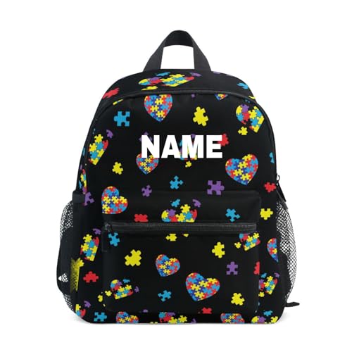 ZAZYXTJ Personalized Autism Awareness Colorful Puzzle Kids Backpack for Boys Girls Toddler Backpack with Chest Strap Name Tag Preschool Backpack 3-8 Years Old