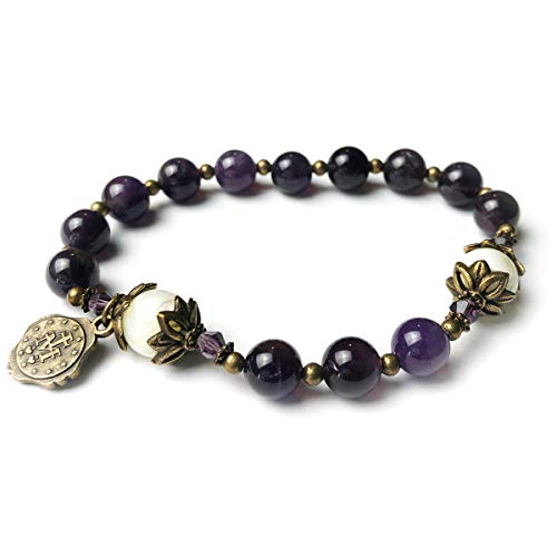 Catholic Heirlooms Amethyst & Mother of Pearl Stone Catholic Rosary Bracelet - Women's Rosary with Virgin Mary Medal - Purple & Pearl2