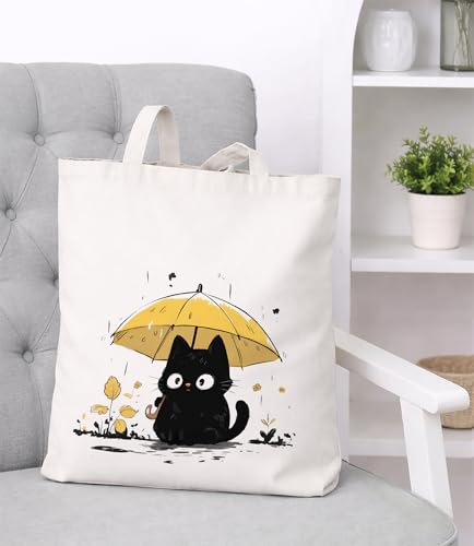Image of Cute Cat Canvas Tote Bag for Women, Aesthetic Reusable Shoulder Bag for Shopping Travel Work