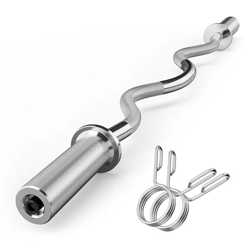 Olympic EZ Curl Barbell Bar, 47" Curl Bar for Weight Lifting, HipThrusts,Squat,Biceps-Home Gym Weight Bar, Chrome Curling Bar with 2Spring Collars for 2 Inch Weight Plates -500lb Weight Capacity