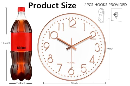 Image of Wall Clock, Silent Wall Clocks Battery Operated 10 Inch- Modern Non Ticking Analog Clock with Large Numerals Tempered Glass Clocks for Bedroom, Living Room, Kitchen, Office Decor, Rose Gold