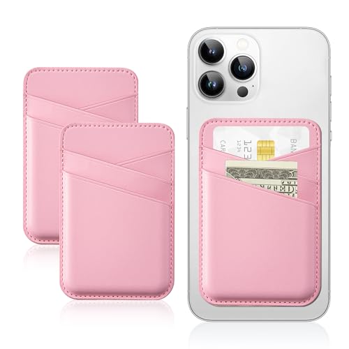 SHANSHUI Phone Card Holder, 2 Pack Premium Leather Credit ID Business Card Strong Adhesive Wallet Stick on Pocket Compatible with iPhone, Most Smartphones - Pink