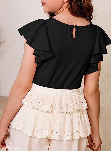 Image of blibean Girls Ruffle Short Sleeve Shirts Summer Tops Size 4-15Y | Cute Butterfly Sleeve Tee, Kids Fashion Casual Tshirt, Solid Blouse for Tween Teen, Dessy Outfits