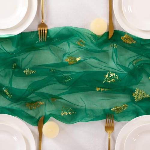 Image of Christmas Tree Table Runner Emerald Green Gauze Foil Table Runner, 3PC