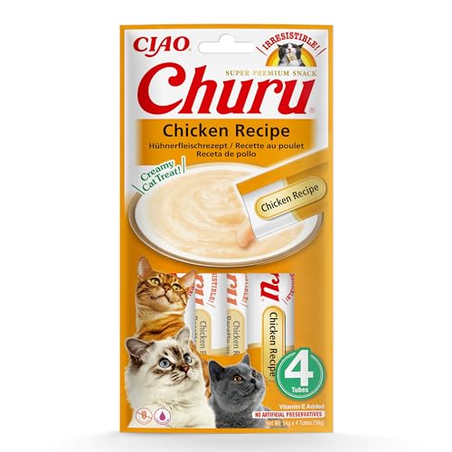 INABA Churu Snack per Gatti Cremoso con Pollo - 1 Pack (4 Stick x 14gr) - Cibo per Gatti da Leccare, Sano e Delizioso - Snack Gatto Senza Conservanti o Coloranti Artificiali, Grain-Free