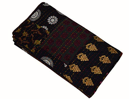 YUVANCRAFTS Indian HandmadePatchwork Kantha Quilt Pure Cotton Traditional Print Kantha Quilt Queen Blanket Bedspreads Throw