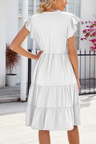 Image of Womens Summer Dress Ruffle Sleeve V Neck Midi Dresses Casual Fit Flowy Tiered Boho Beach Vacation Sundress