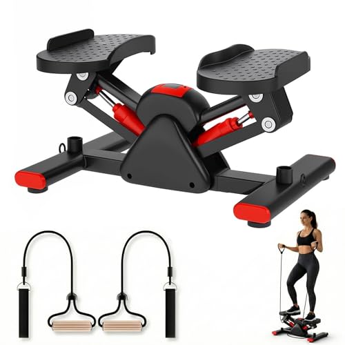 Image of Mini Stair Stepper for Home Gym Exercise - Hydraulic Foot Stepper Machine with Resistance Bands & LCD Monitor - Portable Cardio Fitness Equipment for Weight Loss, Legs & Body Toning