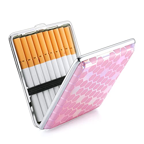 PU Cuir Etui à cigarettes Métal Noir Violet Rouge Argent Jaune Rose Boîte à cigarettes Acier inoxydable pour 20 cigarettes avec élastique,elegant Etui à cigarettes pour femmes Hommes (Rosa) Cover