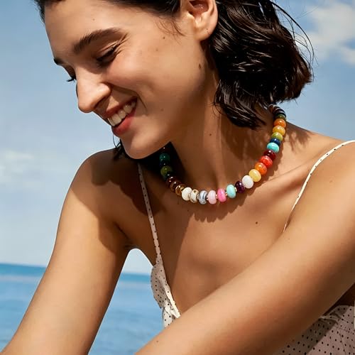 Aohik Handmade Bead Choker Necklace for Women, Chunky Colorful Beaded Necklace with Pendant for Summer Beach Jewelry Gifts — view 4