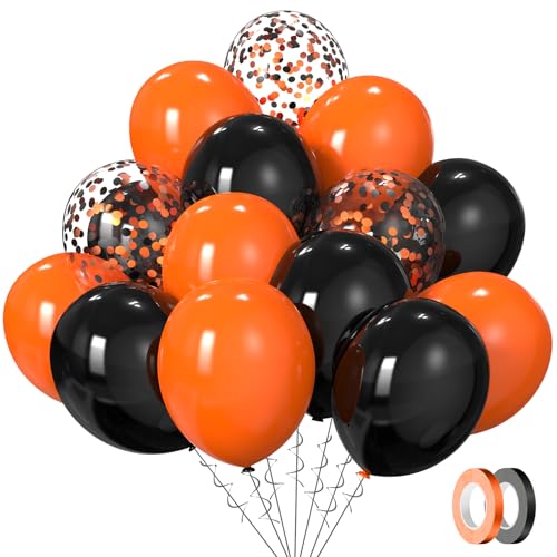 Image of Black and Orange Balloons, 60Pcs 12inch Black Orange Confetti Latex Balloons for Halloween Birthday Celebration Party Decoration