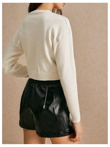 Image of BEAUDRM Women's Bowknot Cropped Cardigan Sweater Long Sleeve Button Up Knit Tops Outerwear Beige Medium