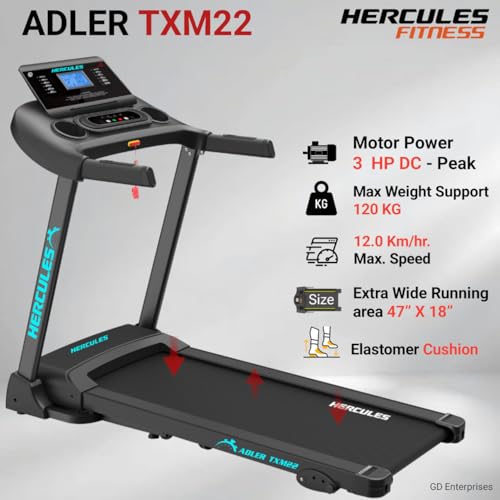 Image of Hercules Fitness Adler TXM22 3.0 HP Peak DC Motorized Treadmill Max Speed 12 Km /Hr Max User Weight 120 KG Home Use Treadmill Bluetooth Speaker 3 Level Manual Incline Foldable Structure Gym Equipment