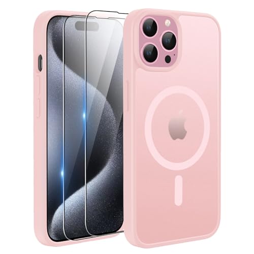 Coque iPhone 15 Pro rose avec 2 verres trempés de protection
