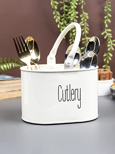 MARKET 99 Heavy-Duty Off-White Iron Cutlery Holder | Oval Glossy Utensil Organizer Stand for Kitchen | Knife, Fork & Spoon Holder | Tabletop Cutlery Storage Box for Dining Table & Countertop Use