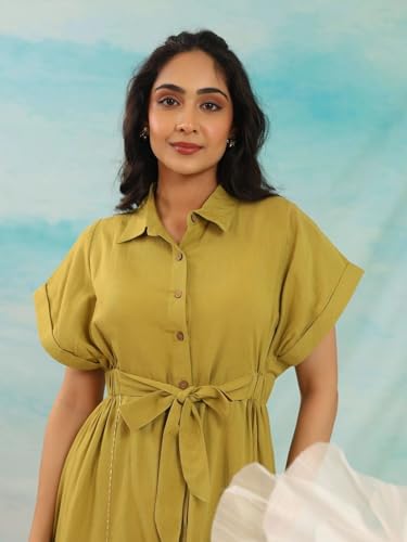 Image of Amazon Brand - INKAST Women Wide Shirt Collared Solid A -line Bottun Down Maxi Dress with Tie Belt | Flared Short Sleeve Summer Outfits | 100% Cotton | Casual Wear | One Piece