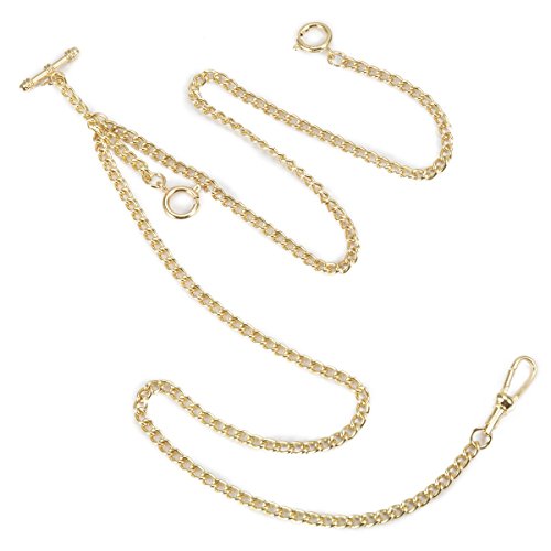 Manchda Pocket Watch Double Albert Chain T-Bar Watch Chain Link 16 Inch 3 Hook Champagne Golden Gorgeous #TOP3