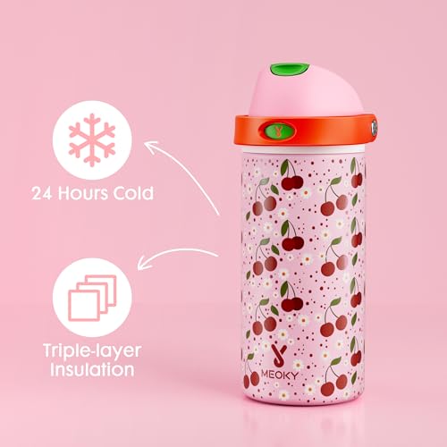 Image of 18 oz Insulated Water Bottle for Kids: Meoky Stainless Steel Water Bottle with 2-in-1 Straw and Spout Lid - Leak Proof, Cold for 24 Hours, BPA-Free for Girls School Sports, Sweet Cherry