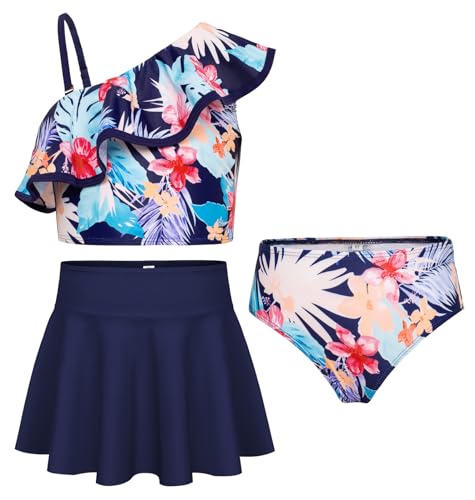 GRACE KARIN Mädchen 3pcs Bikini Set Hawaiian Tankini Marineblau