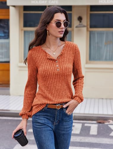 Women's Fall Long Sleeve Henley Shirts Button Down Ribbed Sweaters Casual Tunic Tops4