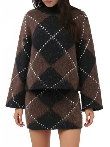 CHARTOU Women 2 Piece Sweater Skirt Sets Argyle Plaid Preppy