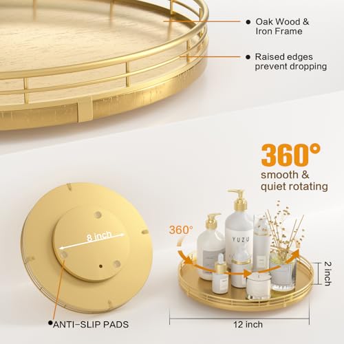 Image of 12 inch Gold Lazy Susan for Table Top, Oak Wood Lazy Susan Turntable Organizer for Dining Coffee Table Centerpiece Bar Decor Kitchen Countertop Bathroom Vanity Decorative Tray for Perfume Jewelry Round