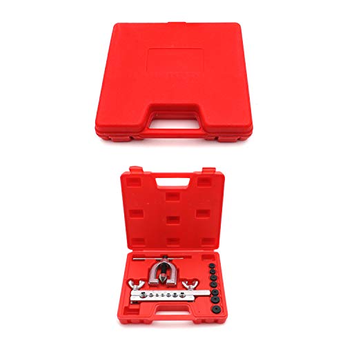 SMT- Automotive 7 Dies Double Flaring Tool Kit Double Single Flare Tube Copper Brake Line and Brass Tubing Tool Kit W/Case For Car Truck Mini Pipe [P/N: ET-TOOL024-RED]
