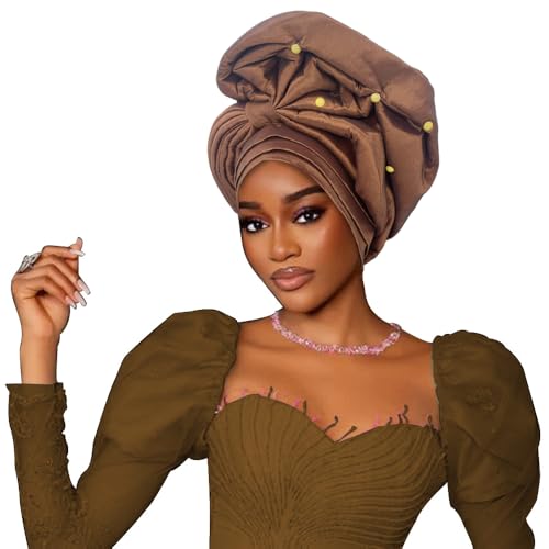 Traditional African Head Wrap Auto Gele Style Wedding Party Head Ties for Women Church Ceremony Headwear (coffee)