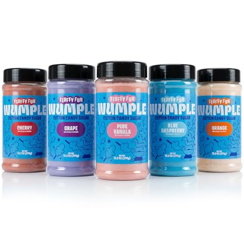 Wumple Cotton Candy Sugar Variety Pack Flavored Floss Sugar for Cotton Candy Machines Fluffy Ready-to-Use Mix Perfect for Parties Carnivals & Events Pack of 5 (Cherry Grape Pink Vanilla Blue Raspberry & Orange 13.2 oz each)
