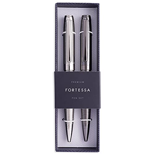 Coffret cadeau stylo à bille - Argent et gris bronze - Ensemble de stylo rechargeable de luxe avec encre noire, par Fortessa