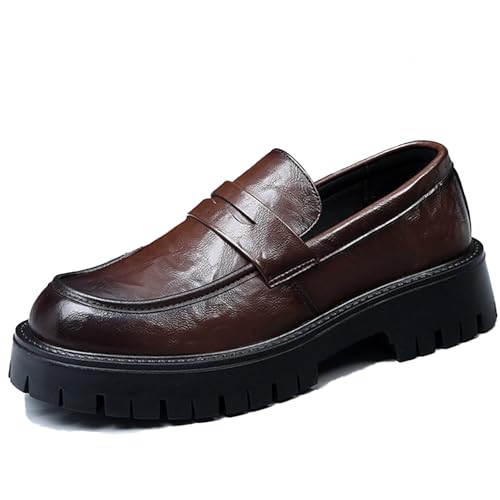 Men's Leather Chunky Platform Penny Loafers Comfy Round Toe