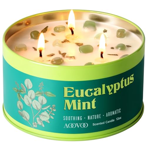 AOOVOO Eucalyptus Mint Candle for Relaxation - 3 Wick 12oz Large Scented Candle with Green Aventurine & Eucalyptus Leaves Inside Soy Candles Non Toxic for Meditation Stress Relief Energy Cleansing
