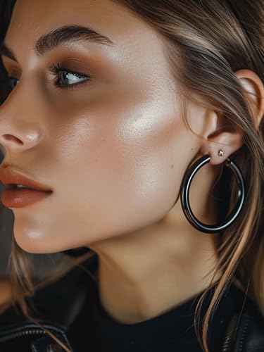 Stylish Thick Hoop Earrings for Women Teen Girls, Black/18K Gold Plated Stainless Steel Earrings, Lightweight Comfy Hoops Hypoallergenic, Size: 30/40/50/60/70/80mm, Come Gift Box2