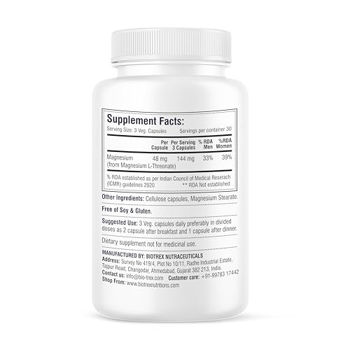 Image of Biotrex Nutraceuticals Magnesium L Threonate 2000mg Per Serving | Better sleep, Cognitive Support & Quick Thinking | Brain & Memory Function | Most Bioavailable Form of Magnesium | 90 Vegetarian Capsules