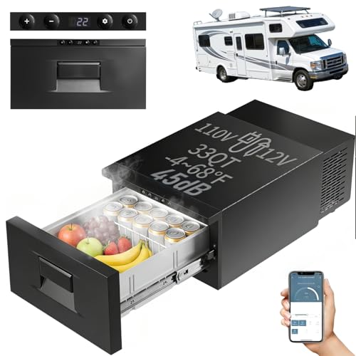 RV Car Portable Refrigerator 33QT(31L), 30° Anti-Shaking Drawer Refrigerator Compressor Fridge, -4℉-68℉, APP Control, 45dB, Adjustable Shelves, Electric Cooler for Camping Truck Road Trips, 12/24V DC