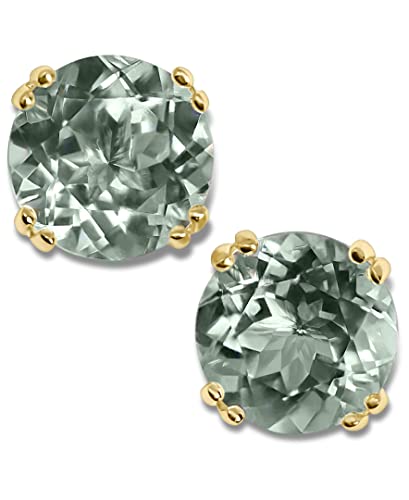 14K Yellow Gold Genuine Green Amethyst 8mm Round Stud Earrings