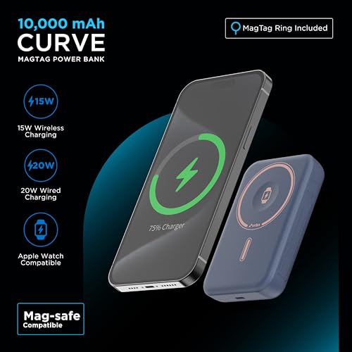 Image of URBN Curve 3 in 1 Wireless Power Bank for iPhone, 10000mAh MagSafe Fast Charging for Apple AirPods, iWatch, iPhone 12 & Above, Android & Other Qi Enabled Devices (Blue)