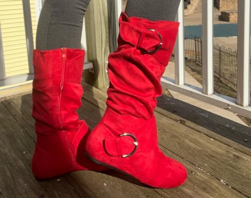 Image of Forever Link Women's Klein-70 Closed Round Toe Buckle Slouch Flat Heel Mid-Calf Boot