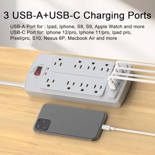 Image of Surge Protector Power Strip - Nuetsa Flat Plug Extension Cord with 8 Outlets and 4 USB Ports, 6 Feet Power Cord, 2700 Joules, ETL Listed, Grey