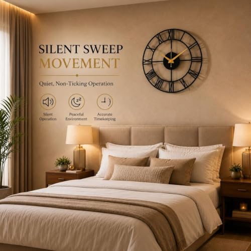 Image of 40 cm Metal Wall Clock | Silent Non-Ticking Skeleton Wall Clock | Modern Black Iron Analog Clock for Living Room, Bedroom, Hall, Office & Home Decor (Design-6)