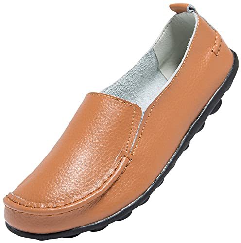 ANYUETE Women’s Leather Slip On Loafers, Comfortable Walking Flats, Casual Driving Shoes for Work, Office and Daily Wear, Classic Brown, Size 9