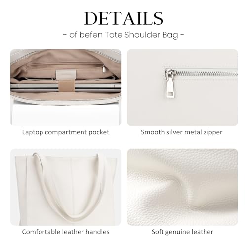 Image of befen Genuine Leather Tote Bag for Women Work Travel Leather Purse Handbags | Real Leather, Padded 14 inch Laptop Compartment, Multi-Pockets, Zipper, Tote Bag for Daily