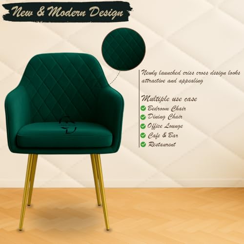 Image of Velvet Accent Chair with Matching Pouffe & Floral Cushion | Modern Upholstered Armchair with Gold Metal Legs | Lounge Chair for Living Room, Bedroom, Office, Guest Room (Green Diona)